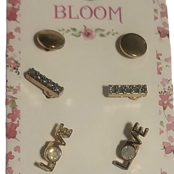 NEW Bloom Mini Multiple 3 Pair Stud Gold Tone Fashion Earrings LOVE - Picture 2 of 3